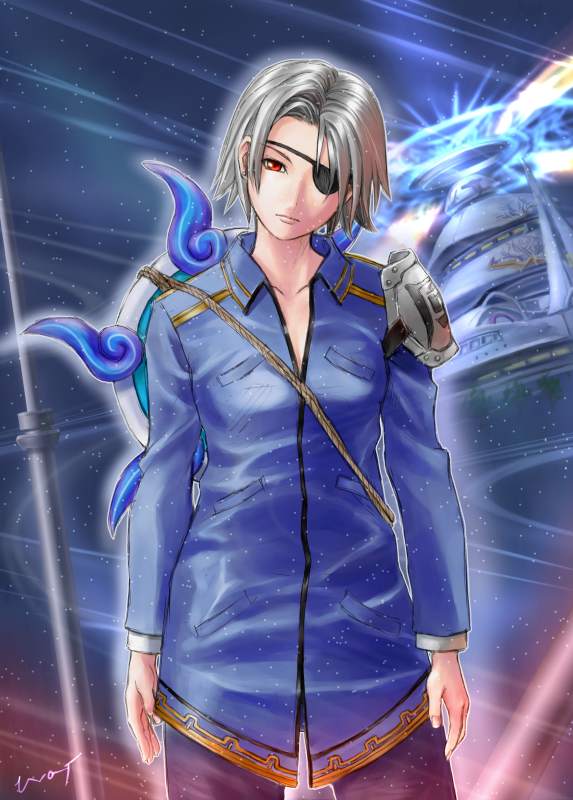 fujin (ff8), final fantasy, final fantasy viii, 1990s (style), 1girl, armor, balamb garden, eyepatch, female focus, grey hair, looking at viewer, pauldrons, red eyes, retro artstyle, short hair, shoulder armor, shuriken, solo, weapon