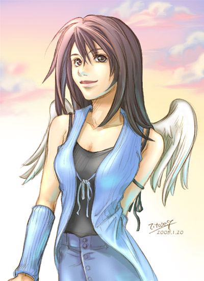 rinoa heartilly, final fantasy, final fantasy viii, 1990s (style), 1girl, breasts, female focus, outdoors, retro artstyle, sky, solo, wings