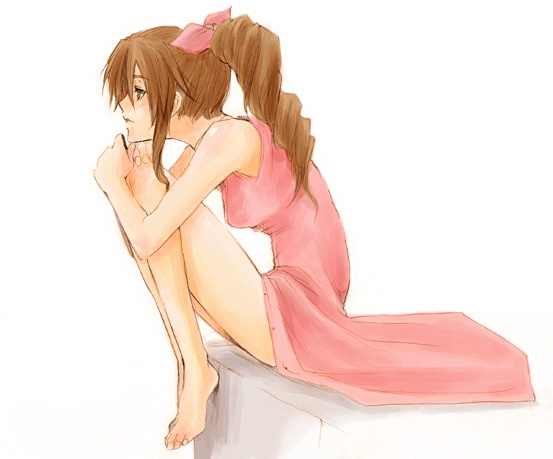 aerith gainsborough, final fantasy, final fantasy vii, 1990s (style), 1girl, bad anatomy, bad feet, barefoot, bow, brown hair, dress, feet, female focus, green eyes, hugging own legs, legs, long hair, pink bow, pink dress, ponytail, poorly drawn, retro artstyle, ribbon, solo