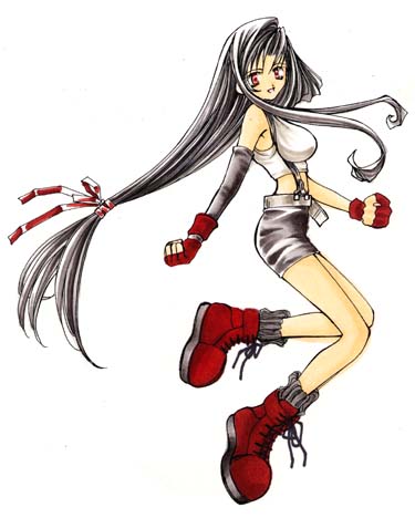 tifa lockhart, final fantasy, final fantasy vii, lowres, 1990s (style), 1girl, boots, female focus, long hair, low-tied long hair, red boots, retro artstyle, skirt, solo, suspender skirt, suspenders