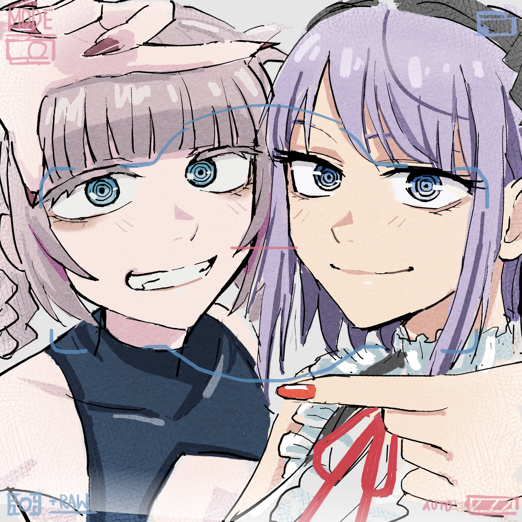 reiquant, nanakusa nazuna (yofukashi no uta), shidare hotaru, dagashi kashi, yofukashi no uta, highres, 2girls, battery indicator, black shirt, blue eyes, blunt bangs, cleavage cutout, closed mouth, clothing cutout, creator connection, crop top, fingernails, grey hair, grin, index finger raised, looking at viewer, multiple girls, nail polish, neck ribbon, portrait, purple hair, red nails, red ribbon, ribbon, ringed eyes, sharp fingernails, shirt, short hair, sidelocks, sleeveless, sleeveless shirt, smile, very long fingernails, viewfinder