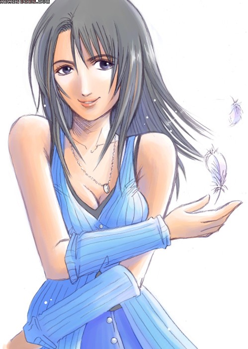 rinoa heartilly, final fantasy, final fantasy viii, 1990s (style), 1girl, blue shirt, breasts, brown hair, feathers, female focus, jewelry, necklace, retro artstyle, shirt, simple background, smile, solo, white background