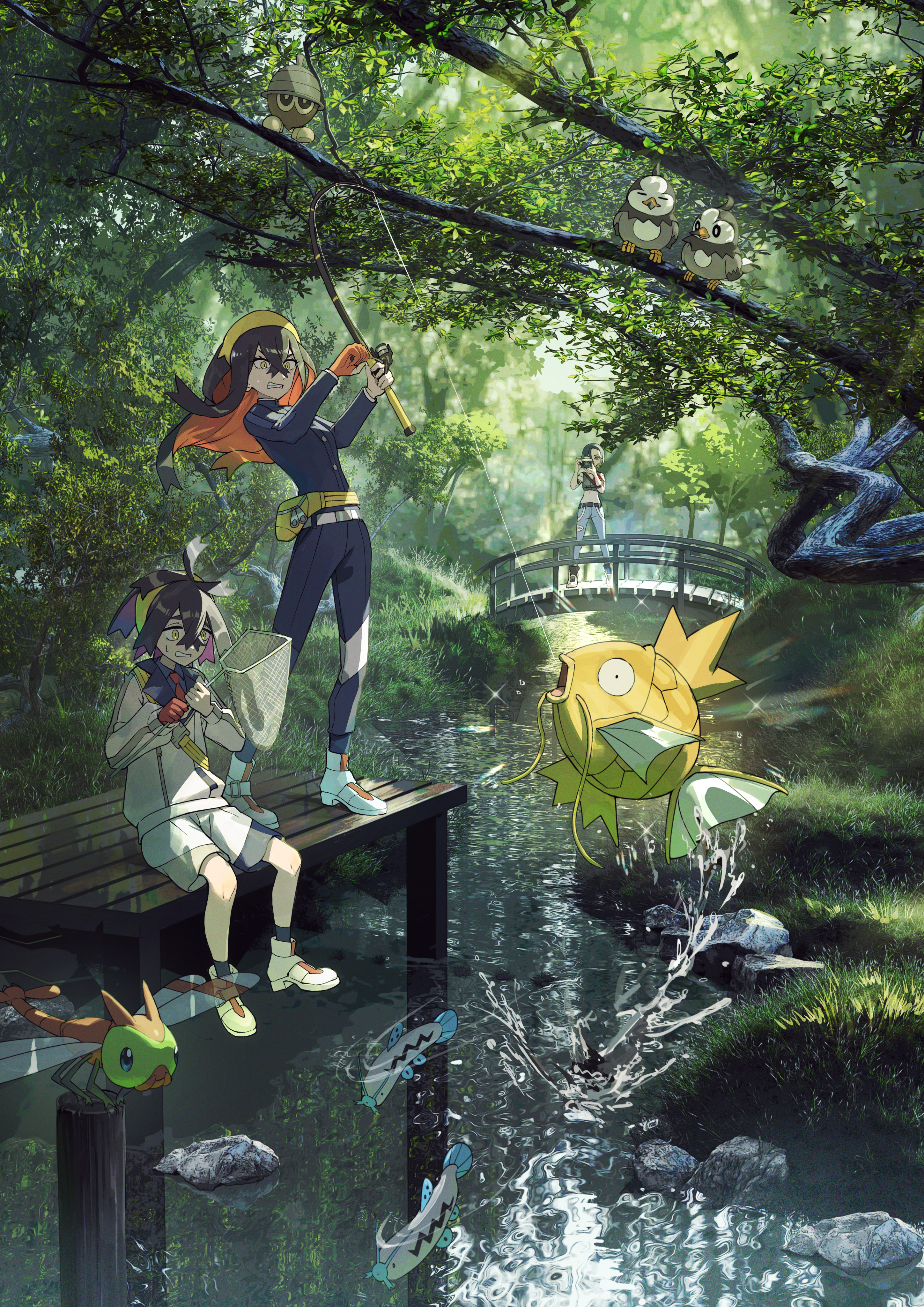 utkw n, barboach, carmine (pokemon), kieran (pokemon), magikarp, perrin (pokemon), seedot, starly, yanma, nintendo, pokemon, pokemon sv, absurdres, highres, 1boy, 2girls, alternate color, armband, bare shoulders, beak, bird, black armband, black hair, blue gakuran, blue hair, blue jacket, blue shirt, bob cut, breasts, bridge, brother and sister, brown eyes, bug, butterfly net, camera, clenched teeth, closed eyes, closed mouth, collared shirt, colored inner hair, crop top, crossed bangs, denim, dock, dragonfly, dragonfly wings, fanny pack, fish, fishing, fishing rod, gen 1 pokemon, gen 2 pokemon, gen 3 pokemon, gen 4 pokemon, gloves, gradient hair, grass, grey shirt, grey sports bra, hair between eyes, hairband, hand net, holding, holding butterfly net, holding camera, holding fishing rod, insect, insect wings, jacket, jeans, long hair, long sleeves, midriff, mole, mole under eye, multicolored hair, multiple girls, navel, necktie, net, off-shoulder shirt, off shoulder, open mouth, outdoors, pants, photographer, purple hair, red gloves, red hair, red necktie, ribbed shirt, river, riverbank, rock, shiny pokemon, shirt, short hair, shorts, siblings, single glove, sleeveless, sleeveless shirt, sports bra, sweatdrop, taking picture, teeth, tree, two-tone hair, undershirt, water, white jacket, white shorts, wings, yellow bag, yellow eyes, yellow hairband