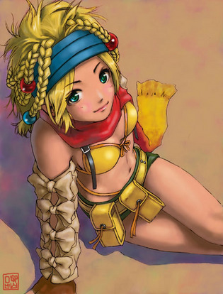 rikku (ff10), final fantasy, final fantasy x, final fantasy x-2, lowres, 00s, 1girl, @ @, bikini, blonde hair, female focus, revealing clothes, scarf, skirt, solo, swimsuit, yellow bikini