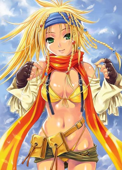 soyosoyo, rikku (ff10), final fantasy, final fantasy x, final fantasy x-2, cropped, 00s, 1girl, bikini, blonde hair, braid, detached sleeves, female focus, gloves, green eyes, green hair, headband, matching hair/eyes, revealing clothes, scarf, solo, swimsuit, yellow bikini