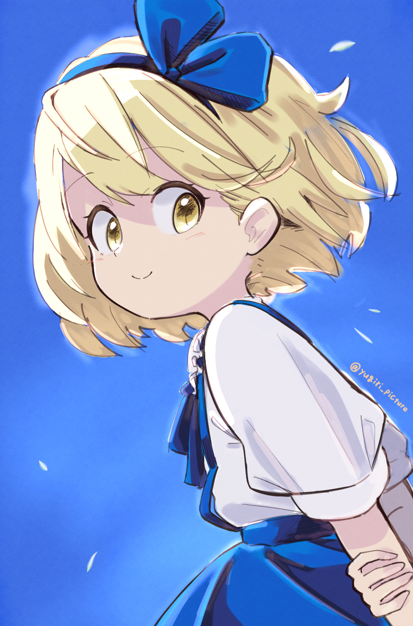yugiri (yugiri picture), alice margatroid, alice margatroid (pc-98), touhou, touhou (pc-98), highres, 1girl, blonde hair, blue background, blue hairband, blue ribbon, blue skirt, closed mouth, hair ribbon, hairband, holding own arm, looking to the side, neck ribbon, ribbon, shirt, short sleeves, skirt, solo, upper body, white shirt, yellow eyes