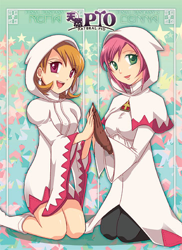 souchi, lenna charlotte tycoon, refia, white mage (final fantasy), final fantasy, final fantasy iii, final fantasy v, black legwear, lowres, 2girls, brown hair, cosplay, costume switch, gloves, green eyes, hood, multiple girls, pantyhose, pink hair, purple eyes, short hair