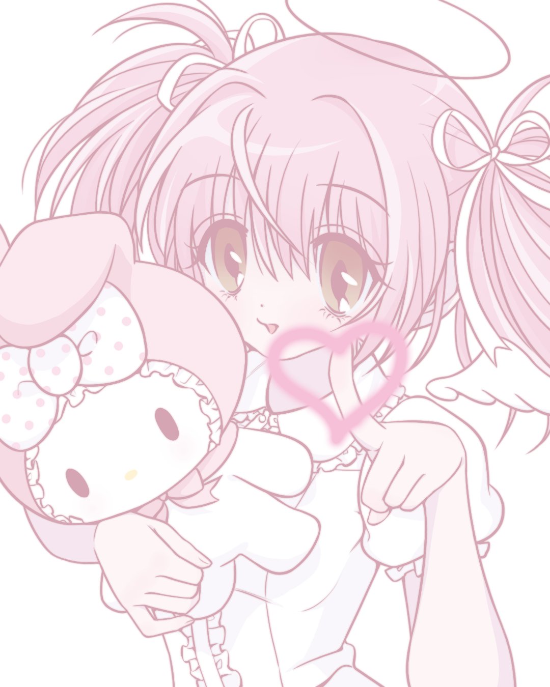hello kitty (character), kaname madoka, hello kitty, mahou shoujo madoka magica, sanrio, highres, 1girl, angel, angel wings, brown eyes, dot nose, drawn heart, dress, hair ribbon, halo, heart, holding, holding stuffed toy, index finger raised, medium hair, open mouth, pastel colors, pink hair, pink theme, puffy short sleeves, puffy sleeves, pumpum, ribbon, short sleeves, simple background, solo, stuffed animal, stuffed cat, stuffed toy, twintails, upper body, white background, white dress, white ribbon, wings