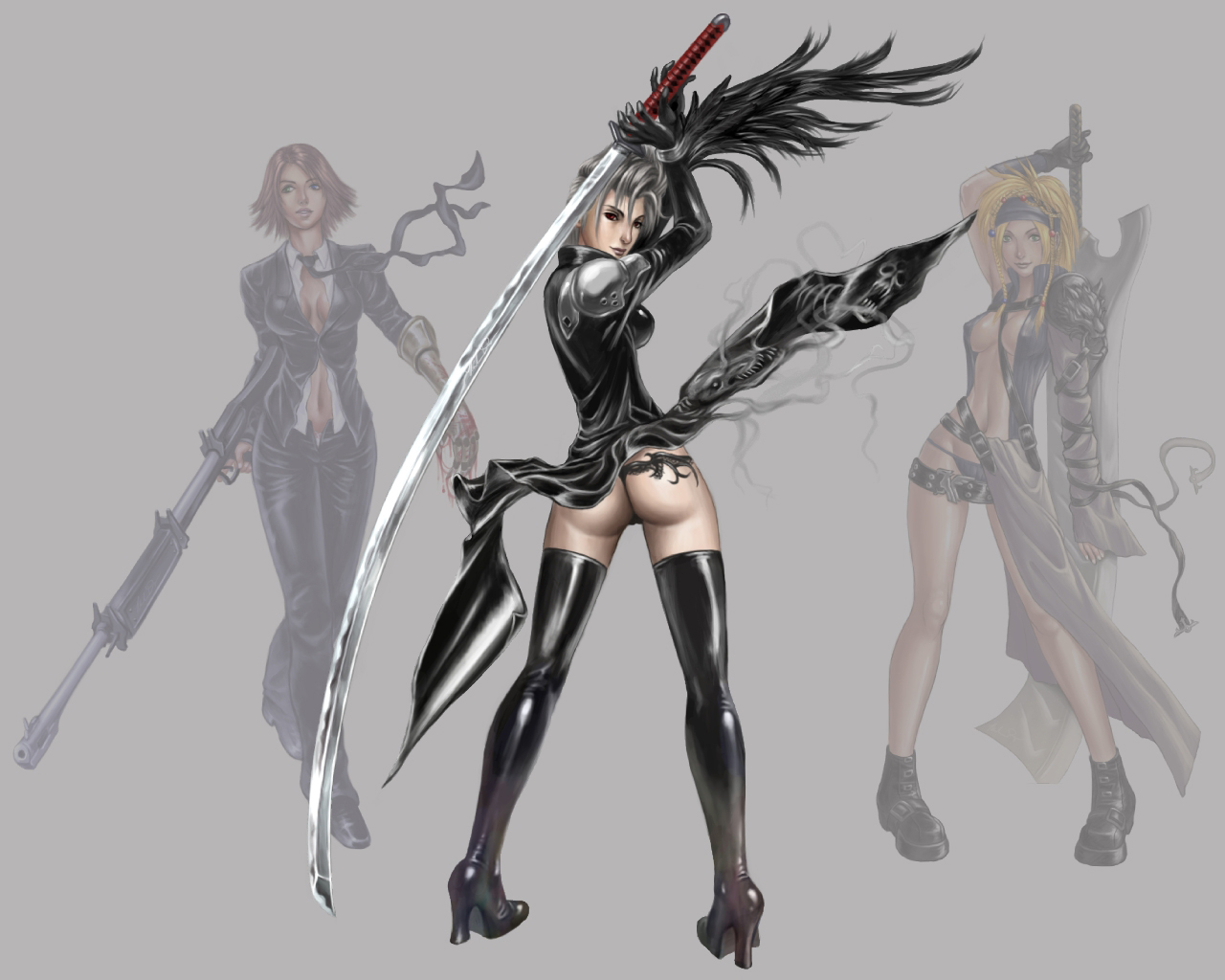 minh do, cloud strife, paine, paine (ff10), rikku (ff10), sephiroth, vincent valentine, yuna, yuna (ff10), final fantasy, final fantasy vii, final fantasy x, final fantasy x-2, md5 mismatch, 3girls, ass, boots, breasts, cleavage, cloud strife (cosplay), cosplay, gun, huge weapon, katana, legs, lips, medium breasts, multiple girls, necktie, ootachi, sephiroth (cosplay), sword, tattoo, thigh boots, thighhighs, turks (cosplay), turks (ff7), vincent valentine (cosplay), weapon