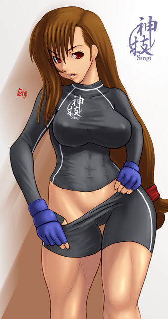 tenji, tifa lockhart, final fantasy, final fantasy vii, 1990s (style), 1girl, bike shorts, black shirt, blouse, brown hair, clothes pull, female focus, fingerless gloves, gloves, long hair, low-tied long hair, midriff, muscular, pants, pants pull, pulling own clothes, raglan sleeves, red eyes, retro artstyle, shirt, shorts, shorts pull, skin tight, solo, taut clothes, taut shirt, thick thighs, thighs, very long hair