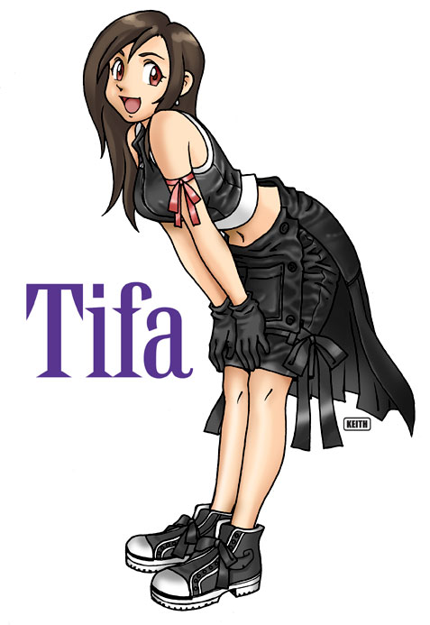 keith (keith's workshop), tifa lockhart, final fantasy, final fantasy vii, final fantasy vii advent children, 00s, 1990s (style), 1girl, bare shoulders, black shoes, brown hair, character name, female focus, full body, gloves, leaning forward, long hair, midriff peek, open mouth, red eyes, retro artstyle, shoes, sneakers, solo