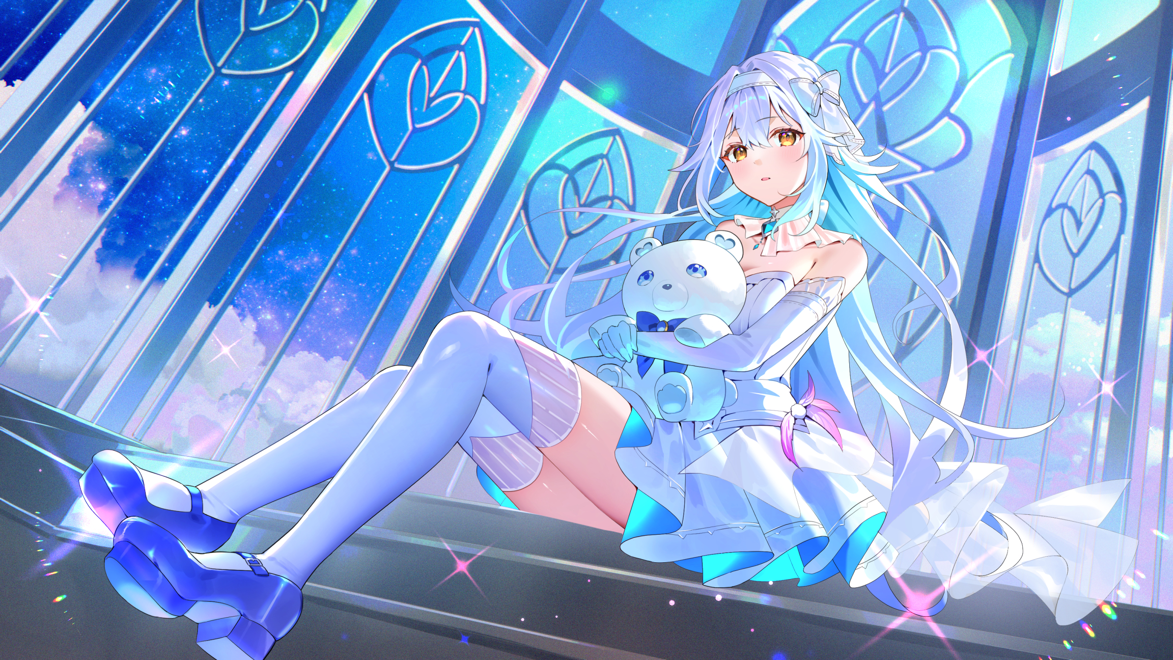 azna, indie virtual youtuber, commission, highres, skeb commission, 1girl, blue bow, blue bowtie, blue hair, blue shoes, bow, bowtie, colored inner hair, detached collar, dress, elbow gloves, gloves, grey hair, hair bow, hairband, holding, holding stuffed toy, long hair, multicolored hair, shoes, solo, stuffed animal, stuffed toy, summer snow (vtuber), teddy bear, thighhighs, virtual youtuber, white bow, white dress, white gloves, white hairband, white thighhighs, yellow eyes