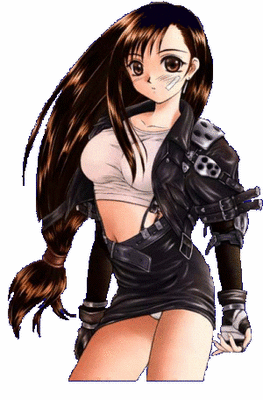 inoue tomii, tifa lockhart, final fantasy, final fantasy vii, lowres, 1990s (style), 1girl, bandages, brown eyes, brown hair, female focus, gloves, jacket, leather, leather jacket, long hair, low-tied long hair, midriff, miniskirt, panties, pantyshot, pencil skirt, retro artstyle, skirt, solo, underwear