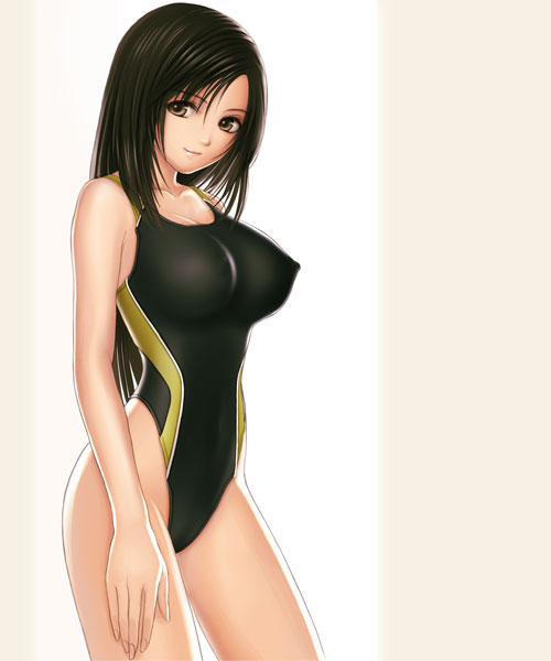 suhara (protea), tony taka, tifa lockhart, final fantasy, final fantasy vii, final fantasy vii advent children, non-web source, 00s, 1990s (style), 1girl, black hair, breasts, brown eyes, competition swimsuit, covered erect nipples, female focus, highleg, highleg one-piece swimsuit, long hair, one-piece swimsuit, retro artstyle, single vertical stripe, solo, swimsuit