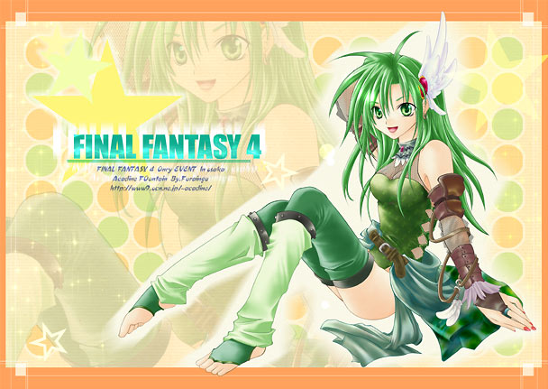 rydia (adult) (ff4), rydia (ff4), final fantasy, final fantasy iv, 1990s (style), 1girl, bridal gauntlets, copyright name, detached sleeves, female focus, green hair, leotard, long hair, retro artstyle, solo, thighhighs