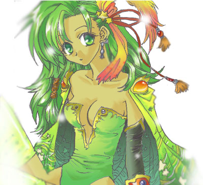 rydia (adult) (ff4), rydia (ff4), final fantasy, final fantasy iv, lowres, 1990s (style), 1girl, breasts, cleavage, female focus, green eyes, green hair, hair ornament, leotard, matching hair/eyes, retro artstyle, solo, star (symbol), star hair ornament, thighhighs