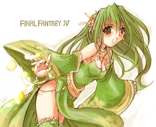 kotonemaru, rydia (adult) (ff4), rydia (ff4), final fantasy, final fantasy iv, lowres, 1990s (style), 1girl, copyright name, female focus, gem, green hair, leaning forward, long hair, open mouth, orange gemstone, retro artstyle, solo, thighhighs