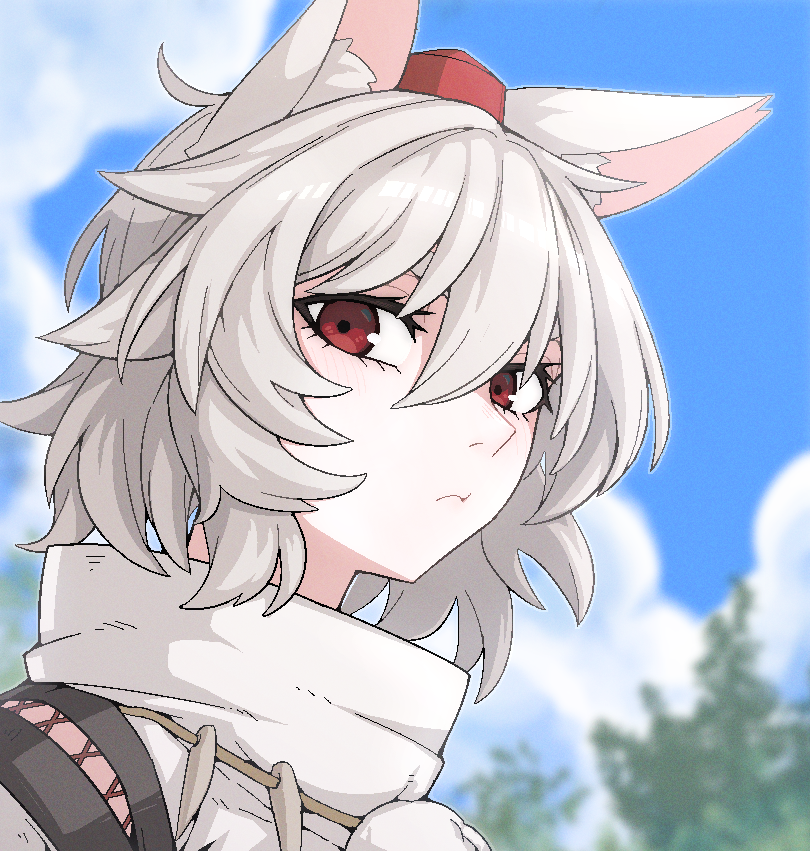 formicid, inubashiri momiji, touhou, 1girl, animal ears, black trim, blue sky, blurry, closed mouth, cloud, depth of field, detached sleeves, hat, jewelry, light blush, medium hair, necklace, outdoors, pom pom (clothes), portrait, red eyes, red hat, shirt, sky, solo, tokin hat, tooth necklace, tree, turtleneck, turtleneck shirt, white hair, white shirt, wolf ears, wolf girl