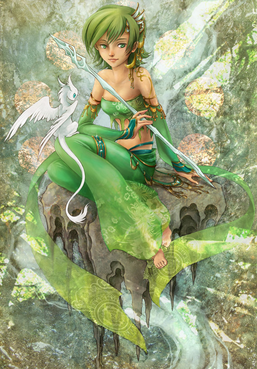 rydia (adult) (ff4), rydia (ff4), final fantasy, final fantasy iv, 1990s (style), 1girl, boots, bridal gauntlets, dragon, female focus, green boots, green eyes, green hair, matching hair/eyes, retro artstyle, solo