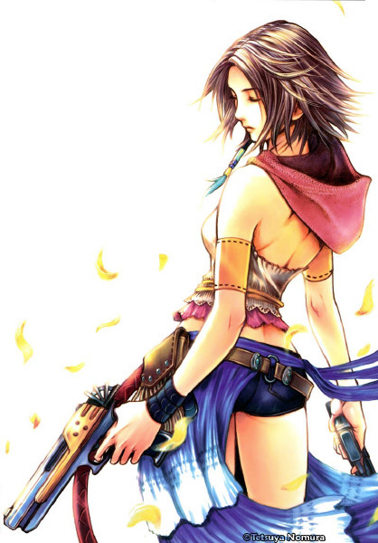 nomura tetsuya, yuna, yuna (ff10), final fantasy, final fantasy x, final fantasy x-2, official art, 00s, 1girl, armband, back, bare back, black shorts, closed eyes, dual wielding, female focus, gun, holding, shorts, solo, watermark, weapon, white background