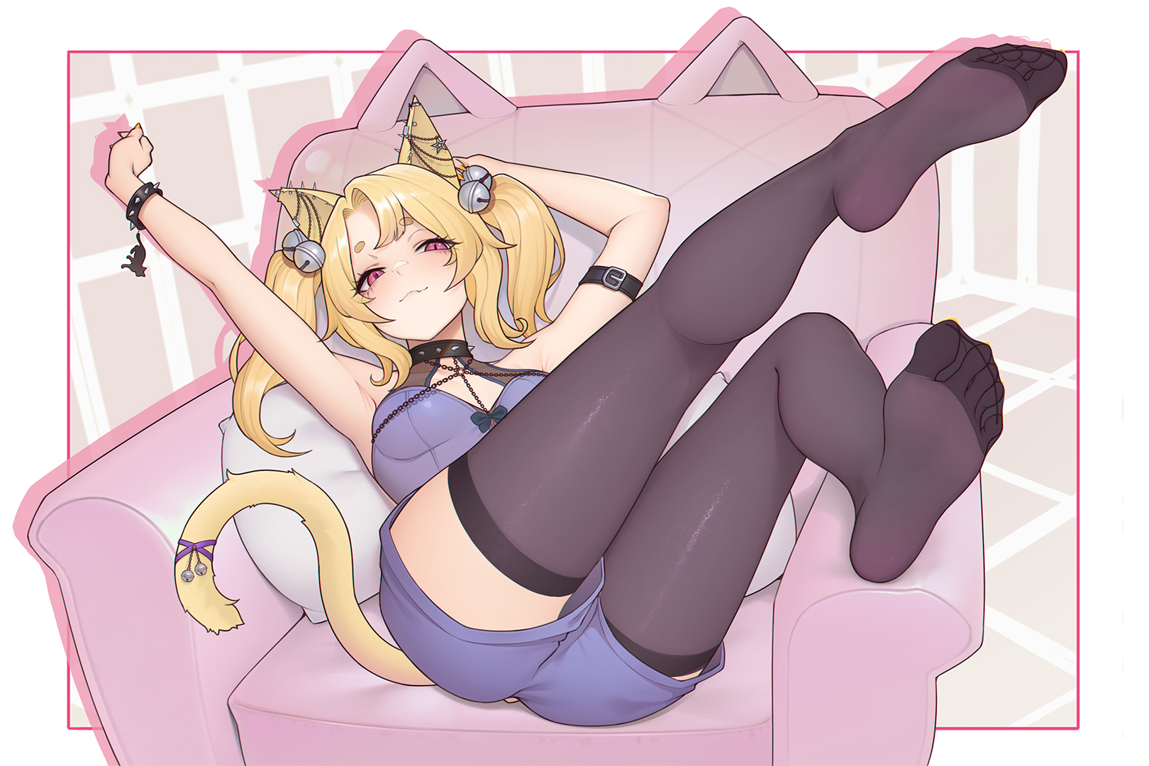 xiumu bianzhou, original, highres, 1girl, animal ear fluff, animal ears, armpits, arms up, bare arms, bell, black thighhighs, blonde hair, cat ears, cat girl, cat tail, couch, denim, denim shorts, feet, long hair, looking at viewer, red eyes, shorts, soles, tail, thighhighs, thighs, toes, twintails, zettai ryouiki