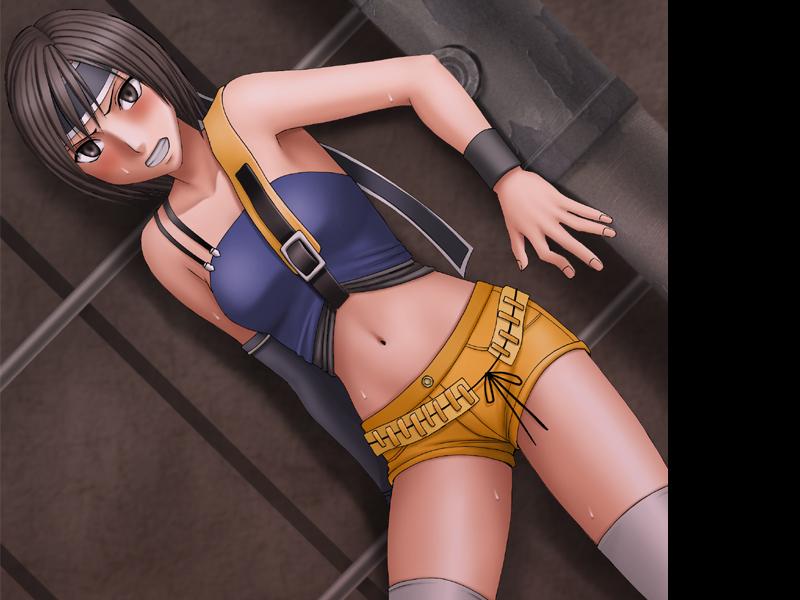 crimson comics, ninja (final fantasy), yuffie kisaragi, dirge of cerberus final fantasy vii, final fantasy, final fantasy vii, 1990s (style), 1girl, against wall, blush, brown eyes, brown hair, dutch angle, female focus, gloves, headband, midriff, ninja, retro artstyle, short hair, shorts, solo, sweat, thighhighs