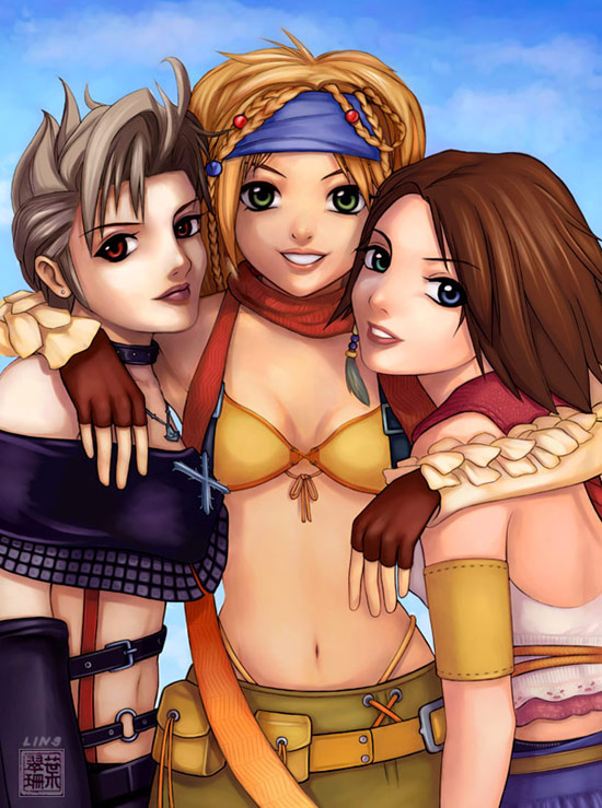 paine, paine (ff10), rikku (ff10), yuna, yuna (ff10), final fantasy, final fantasy x, final fantasy x-2, silver hair, 00s, 3girls, :d, bare shoulders, belt, belt pouch, bikini, bikini top only, blonde hair, blush, braid, brown hair, cowboy shot, fingerless gloves, gloves, green eyes, grin, headband, heterochromia, hug, looking at viewer, looking back, midriff, multiple braids, multiple girls, navel, open mouth, pocket, pouch, red eyes, red scarf, scarf, smile, spiked hair, stomach, swimsuit, teeth
