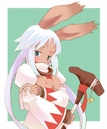 b.tarou, white mage (final fantasy), final fantasy, final fantasy tactics, final fantasy tactics advance, lowres, textless version, 1girl, blush, breasts, breasts squeezed together, dark-skinned female, dark skin, female focus, long hair, nipples, simple background, solo, staff, viera, white hair