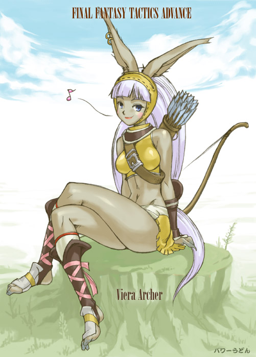 powudon, archer (ffta), final fantasy, final fantasy tactics, final fantasy tactics advance, 1girl, blue eyes, blush, bow (weapon), crossed legs, dark-skinned female, dark skin, female focus, legs, long hair, midriff, musical note, purple hair, sitting, solo, viera, weapon