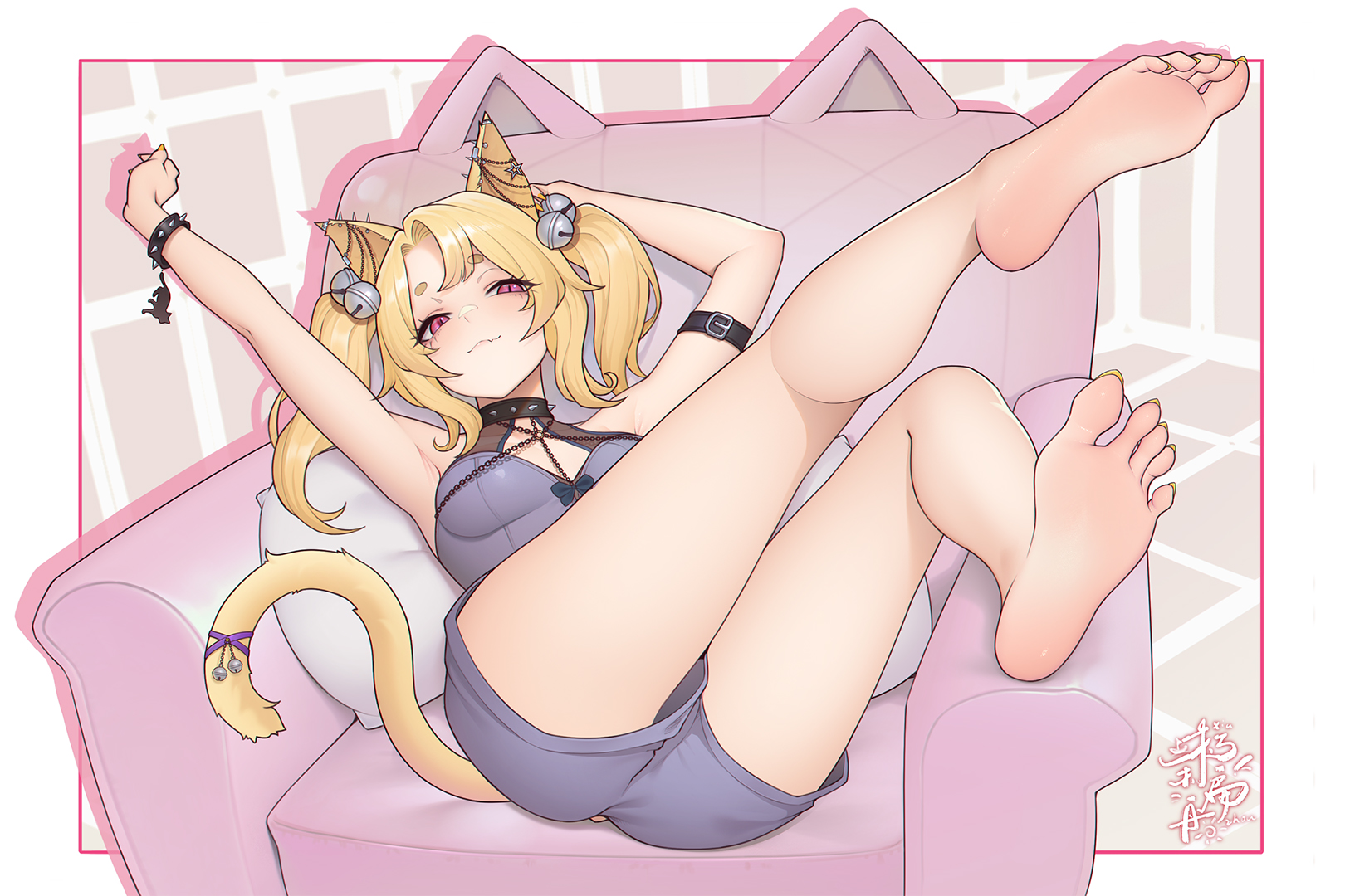 xiumu bianzhou, original, highres, 1girl, animal ear fluff, animal ears, armpits, arms up, bare arms, bare legs, barefoot, bell, blonde hair, cat ears, cat girl, cat tail, couch, denim, denim shorts, feet, long hair, looking at viewer, red eyes, shorts, soles, tail, thighhighs, thighs, toes, twintails, zettai ryouiki