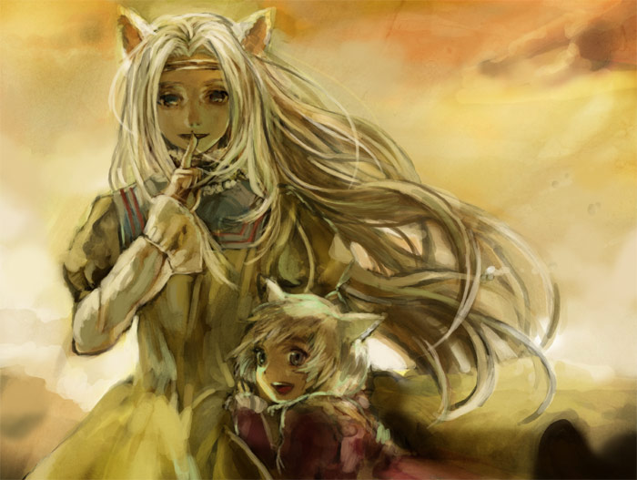 tomatika, memusu, tsuuma, tengen toppa gurren lagann, 00s, animal ears, blonde hair, dress, finger to mouth, long hair, sunset