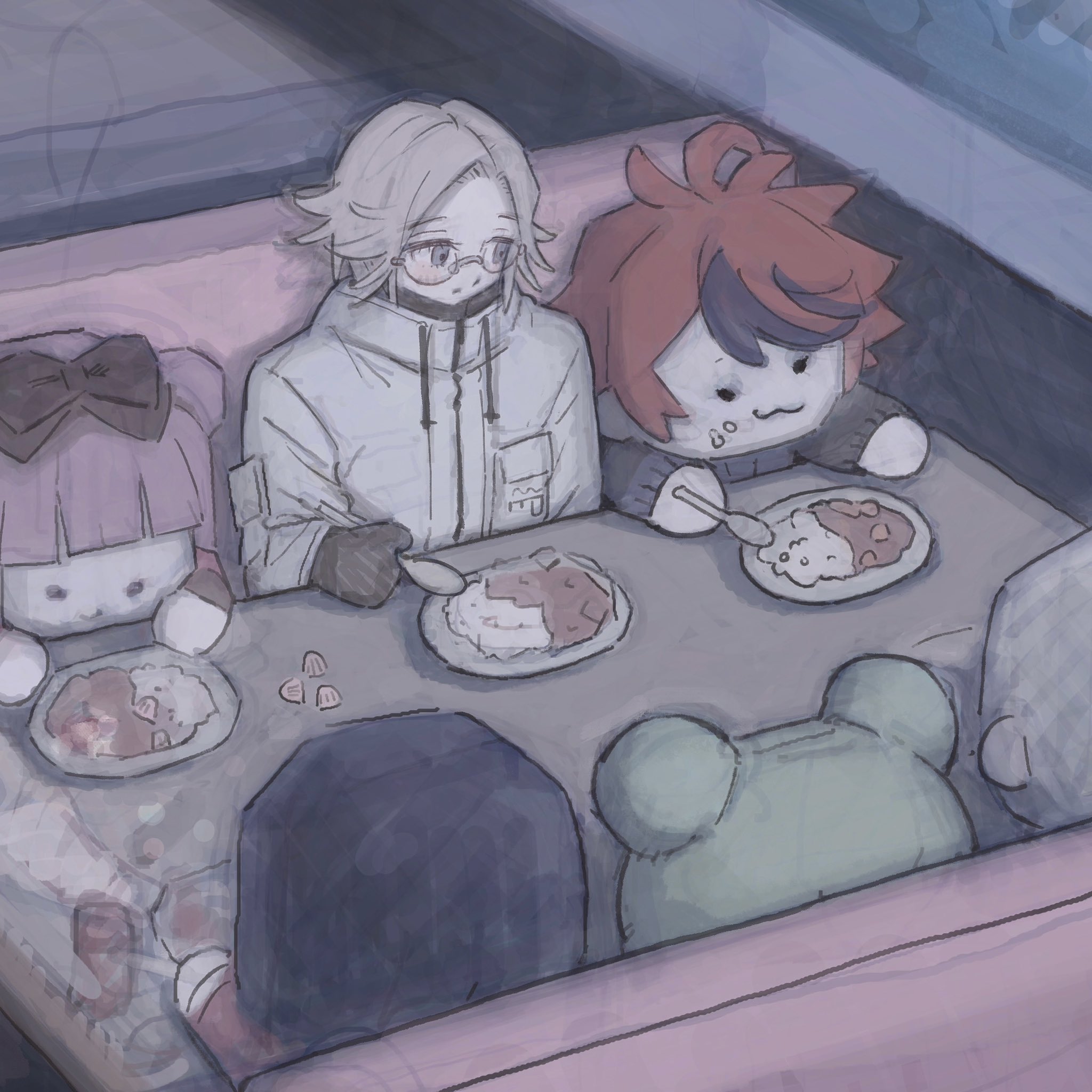 aotsuki eito, sumino takumi, tsukumo ima, tsukumo kako, the hundred line -last defense academy-, highres, protected link, 1boy, ahoge, black bow, black gloves, black hair, black streaks, booth seating, bow, character doll, curry, curry rice, doll, food, glasses, gloves, green hat, grey eyes, grey hair, hair bun, hat, indoors, jacket, long hair, male focus, multicolored hair, nnnnhn, pink hair, red hair, restaurant, rice, short hair, solo, streaked hair, table, white jacket