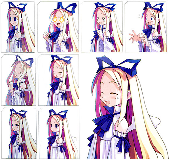 harada takehito, flonne, disgaea, makai senki disgaea, nippon ichi, 00s, blonde hair, detached sleeves, multiple expressions, ribbon, smile, wings