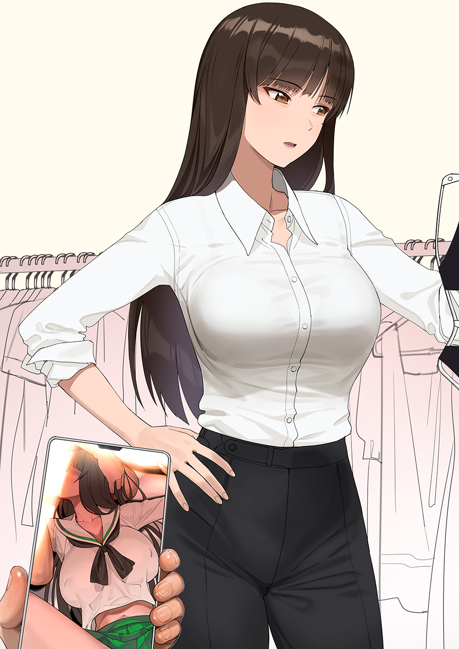 a1 (initial-g), nishizumi shiho, girls und panzer, highres, 1girl, blunt bangs, breasts, brown eyes, brown hair, cellphone, cellphone photo, dress shirt, formal clothes, holding, holding phone, implied fellatio, juxtaposition, large breasts, long hair, long sleeves, mature eyes, mature female, ooarai school uniform, open mouth, phone, photo (object), pov, pov hands, school uniform, shirt, skirt, smartphone, standing, straight hair, viewer holding phone
