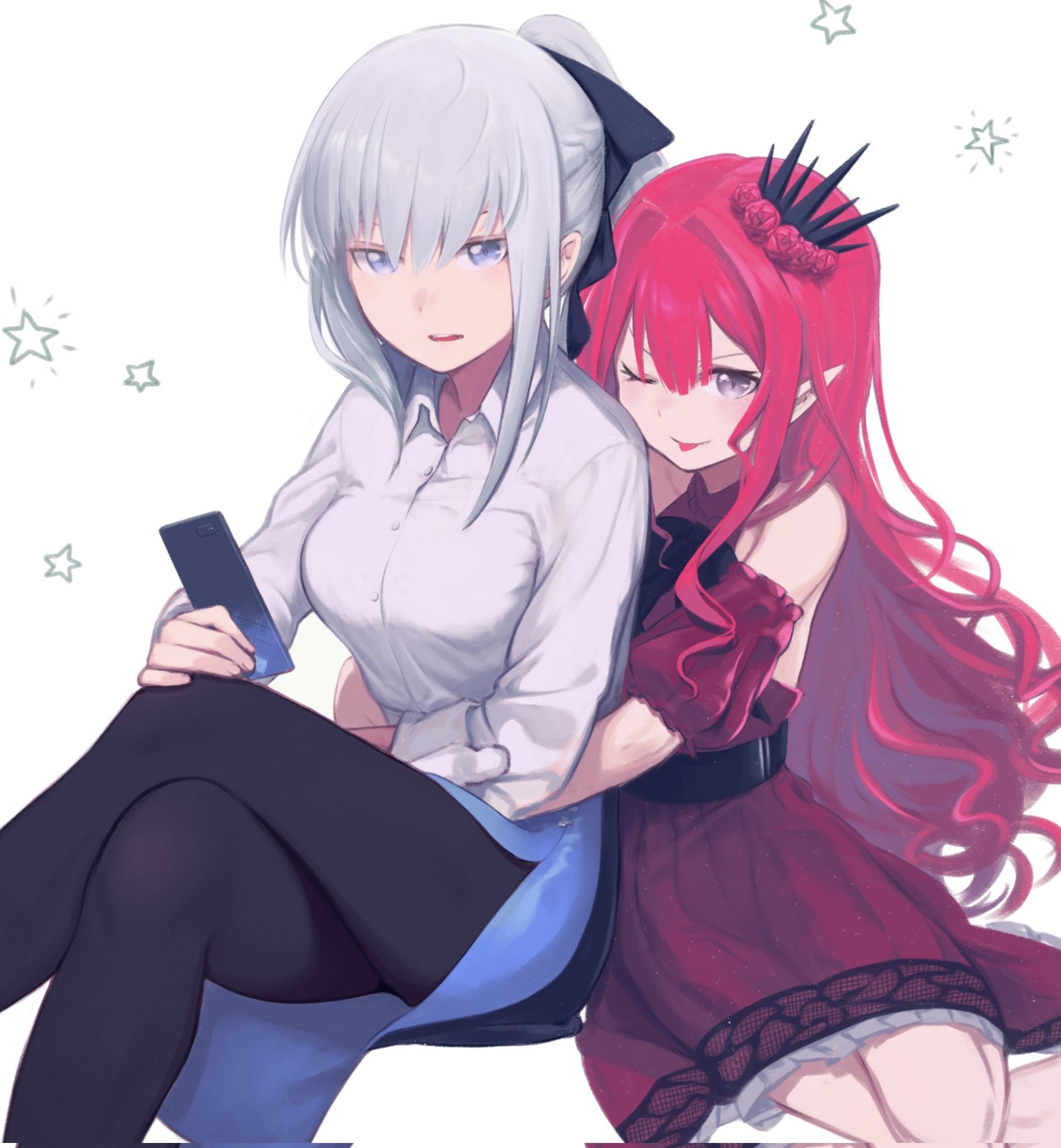 daisi gi, baobhan sith (chaldea satellite station) (fate), baobhan sith (fate), morgan le fay (chaldea satellite station) (fate), morgan le fay (fate), fate/grand order, fate (series), highres, 2girls, ;p, arm scrunchie, arms around waist, bare shoulders, belt, black belt, black bow, black pantyhose, blue eyes, blue skirt, bow, braid, breasts, chair, collared shirt, crossed legs, dress, dress shirt, earrings, feet out of frame, flower, grey eyes, grey hair, hair between eyes, hair bow, hair flower, hair ornament, half up braid, halter dress, halterneck, high ponytail, hug, hug from behind, jewelry, large breasts, light blush, long hair, long sleeves, looking at phone, mother and daughter, multiple girls, office chair, office lady, one eye closed, open mouth, pantyhose, pencil skirt, petticoat, phone, pink hair, pointy ears, ponytail, red dress, red flower, shirt, sidelocks, simple background, sitting, skirt, smile, star (symbol), swivel chair, tiara, tongue, tongue out, white background, white hair, white petticoat, white shirt, wing collar, yokozuwari