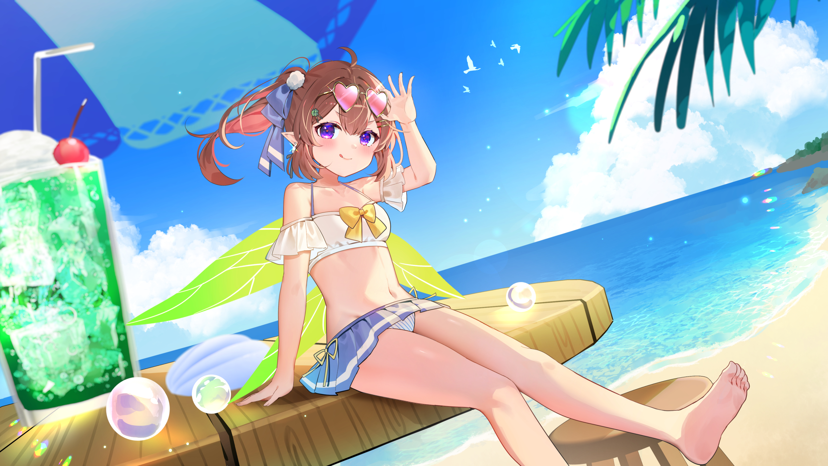 azna, indie virtual youtuber, commission, highres, skeb commission, 1girl, :q, ahoge, barefoot, beach, beach umbrella, blue skirt, bow, brown hair, bubble, cherry, closed mouth, cloud, collarbone, colored inner hair, drink, drinking straw, fairy, food, fruit, hair ornament, hairpin, heart, heart-shaped eyewear, multicolored hair, nagisa (vtuber), navel, ocean, on table, panties, pantyshot, pink-tinted eyewear, pink hair, pleated skirt, pom pom (clothes), pom pom hair ornament, purple eyes, skirt, sky, smile, solo, stomach, striped clothes, striped panties, table, tinted eyewear, tongue, tongue out, umbrella, underwear, yellow bow