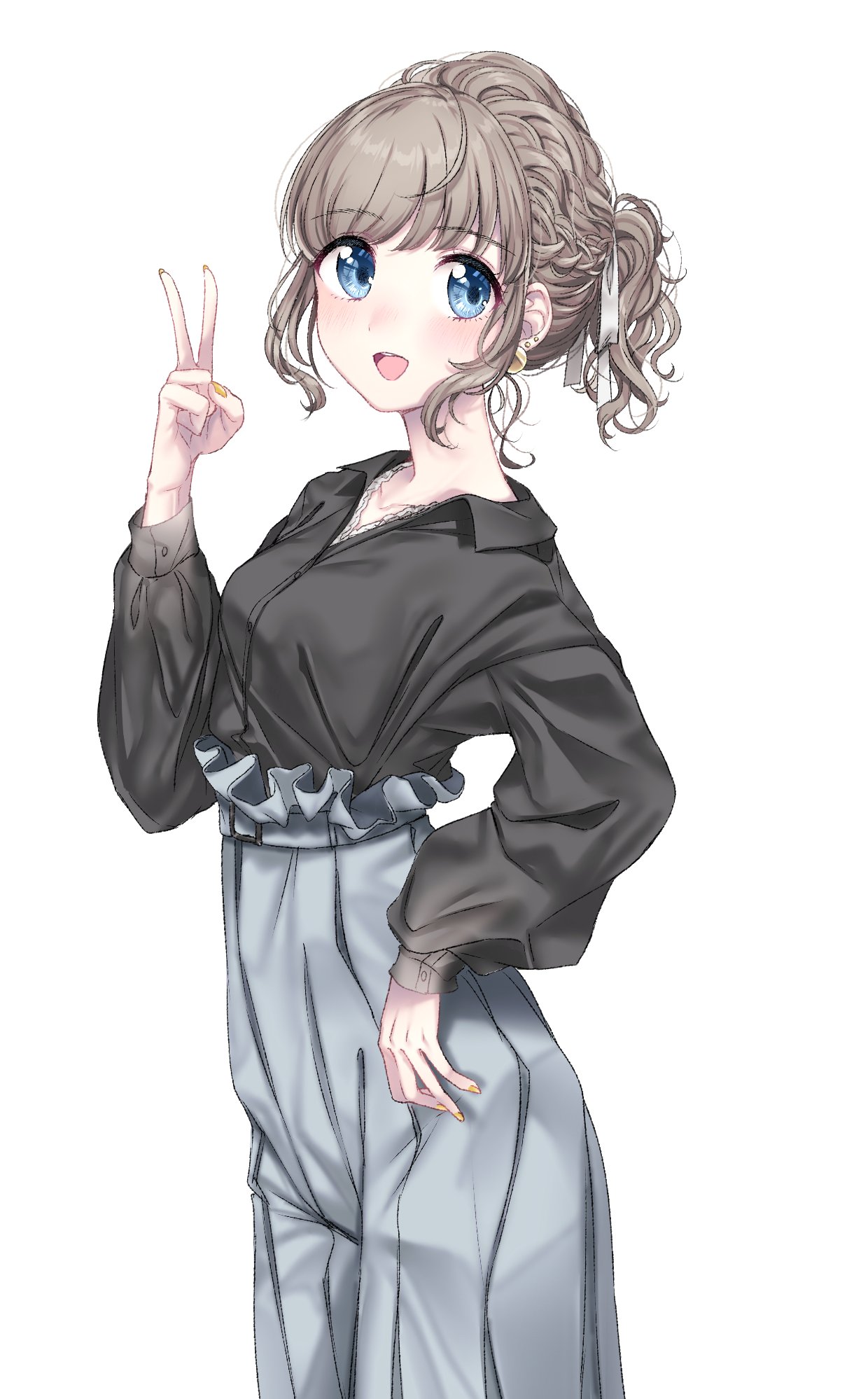 umeno, yamada suzume, indie virtual youtuber, commentary request, highres, 1girl, :d, arched back, belt, black shirt, blue eyes, blush, braid, breasts, collarbone, collared shirt, cowboy shot, earrings, fingernails, frilled pants, frills, from side, gold earrings, grey belt, grey hair, grey pants, grey ribbon, hair ribbon, half up half down braid, hand up, high-waist pants, jewelry, long sleeves, looking at viewer, looking to the side, medium breasts, medium hair, nail polish, open collar, open mouth, pants, ponytail, raised eyebrows, ribbon, shirt, shirt tucked in, sidelocks, sideways glance, simple background, smile, solo, standing, turning head, v, virtual youtuber, white background, yellow nails