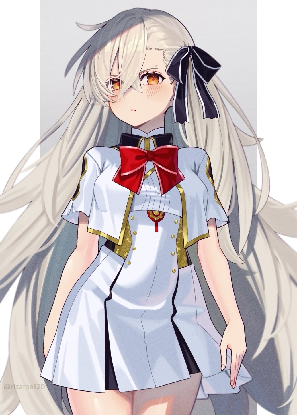 rizame120, jeunesse crane (fate), miss crane (fate), olga marie animusphere, fate/grand order, fate (series), commentary request, highres, 1girl, alternate costume, black ribbon, blush, bow, bowtie, capelet, cosplay, crossed bangs, dress, gold trim, grey background, grey hair, hair ribbon, jeunesse crane (second ascension) (fate), looking at viewer, miss crane (fate) (cosplay), red bow, red bowtie, ribbon, simple background, solo, white capelet, white dress, yellow eyes