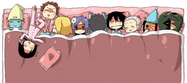 deidara (naruto), hidan (naruto), hoshigaki kisame, kakuzu (naruto), konan (naruto), pain (naruto), sasori (naruto), tobi (naruto), uchiha itachi, uchiha obito, zetsu (naruto), naruto (series), naruto shippuuden, artist request, 1girl, 6+boys, akatsuki (naruto), black hair, blanket, blonde hair, blue skin, blush, chibi, closed eyes, closed mouth, collared shirt, colored skin, expressionless, facial mark, from above, hat, long sleeves, lying, mask, monster boy, multicolored skin, multiple boys, on side, pajamas, pants, pillow, plant boy, pom pom beanie, profile, purple hair, shaded face, shirt, sleeping, transparent background, two-tone skin, under covers, unmoving pattern, v-shaped eyebrows, whisker markings, whiskers, white skin