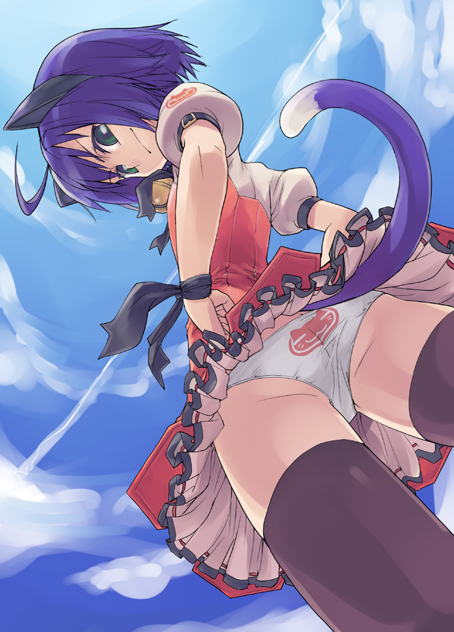 koma (qqq111), midarezaki kyouka, kyouran kazoku nikki, bad id, bad pixiv id, 00s, 1girl, animal ears, ass, back-print panties, bell, black thighhighs, blue hair, cat ears, cat tail, collar, day, dress, female focus, from below, green eyes, loli, neck bell, panties, pantyshot, petticoat, print panties, red dress, red skirt, short hair, skirt, sky, solo, standing, tail, thighhighs, two-tone dress, underwear, upskirt, white panties