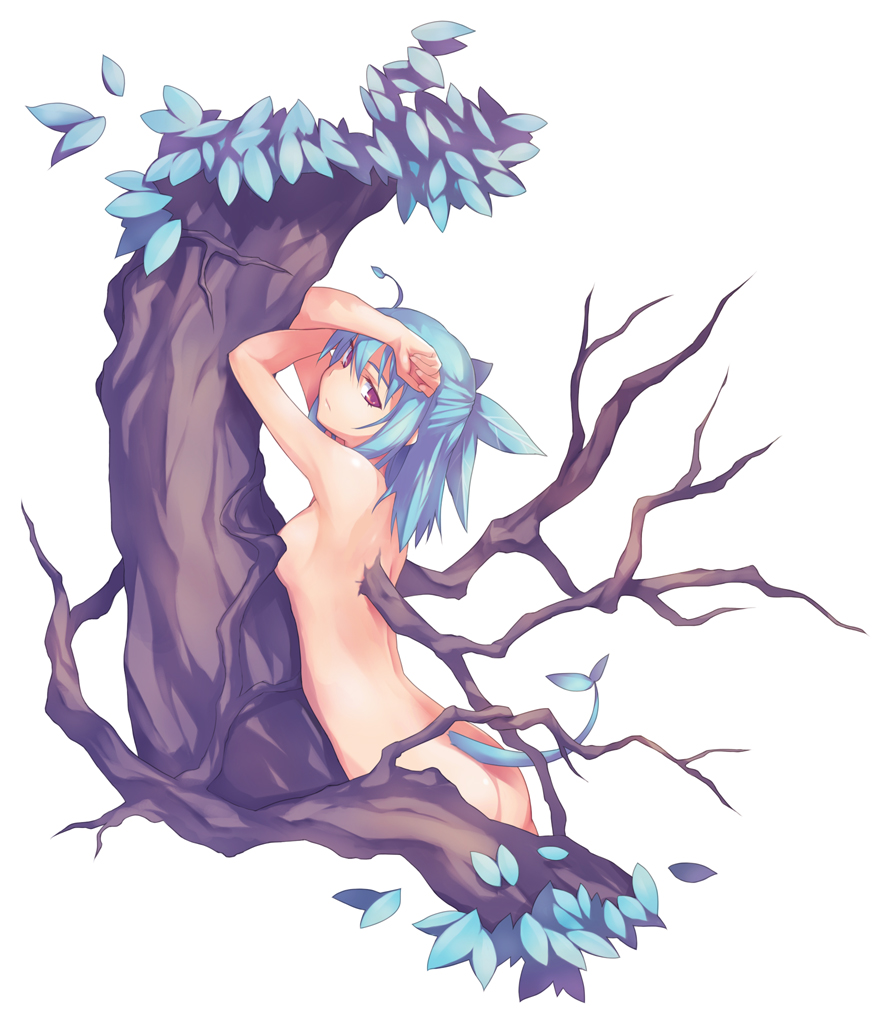 nanakusa, 1girl, against tree, ahoge, armpits, arms up, ass, blue hair, breasts, come hither, convenient censoring, crossed arms, dryad, female focus, half-closed eyes, monster girl, nude, plant girl, red eyes, seductive gaze, small breasts, solo, tail, tree
