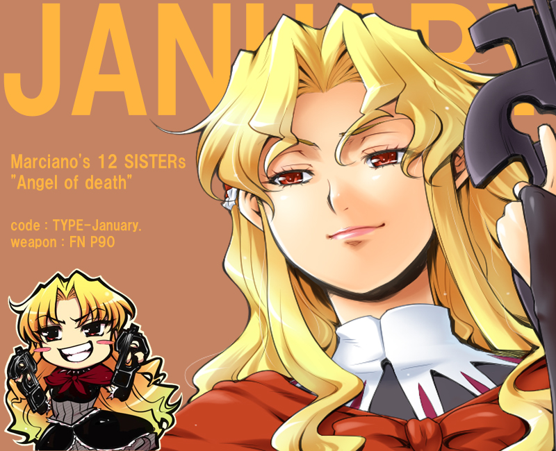 hairu, january (coyote ragtime show), coyote ragtime show, 00s, 1girl, blonde hair, blush stickers, bridal gauntlets, bullpup, character name, chibi, dual wielding, grin, gun, holding, january, long hair, multiple views, p90, personal defense weapon, portrait, red eyes, sidelocks, smile, smirk, submachine gun, weapon