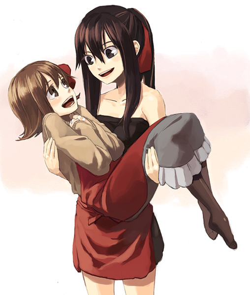 itsutsu, original, 2girls, :d, apron, bare shoulders, black dress, blush, brown hair, carrying, collarbone, dress, long sleeves, multiple girls, open mouth, ponytail, princess carry, short hair, sidelocks, smile, strapless, strapless dress