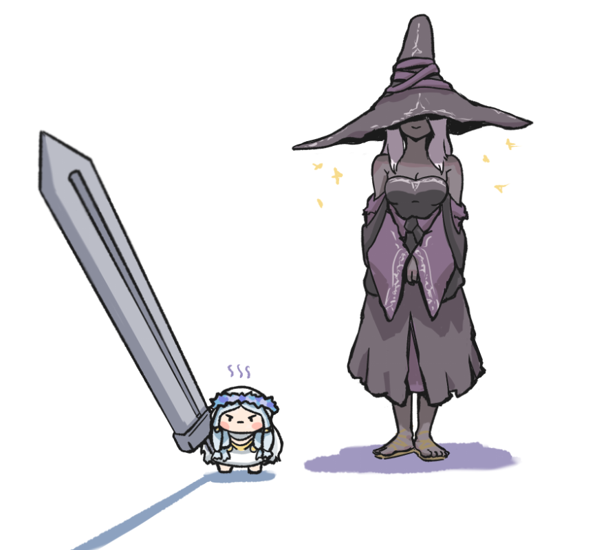 recluse (elden ring), revenant (elden ring), elden ring, elden ring nightreign, 2girls, bare shoulders, black dress, black skin, boxesdot, braid, breasts, chibi, cleavage, colored skin, dark-skinned female, dark skin, dress, flower wreath, hat, hat over eyes, large breasts, large hat, long hair, low twin braids, multiple girls, purple hat, simple background, twin braids, veil, very dark skin, weapon, white background, white dress, white hair, white veil, witch, witch hat