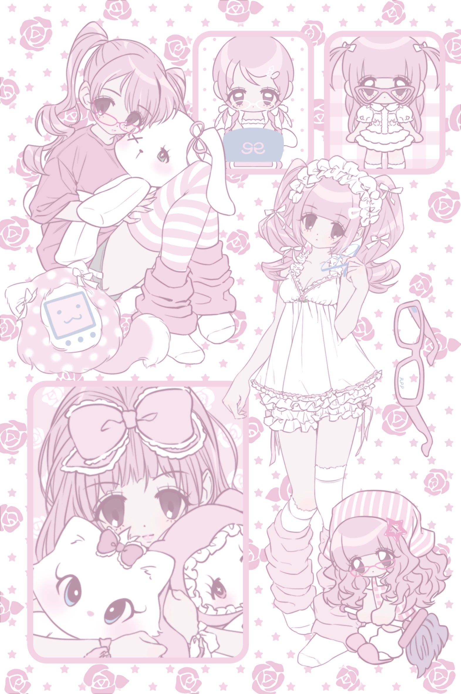 original, commentary, highres, symbol-only commentary, 1girl, alternate costume, alternate hairstyle, animal, apron, bare shoulders, bow, breasts, brown eyes, cat, chibi, chibi inset, cleavage, closed mouth, collarbone, collared dress, dot mouth, dot nose, dress, floral background, frilled bow, frilled dress, frills, hair bow, hair ornament, hair ribbon, hairband, hairclip, holding, holding mop, holding stuffed toy, lolita fashion, lolita hairband, low twintails, mop, pastel colors, patterned background, pink apron, pink bow, pink hair, pink sandals, pink shirt, pink socks, pink theme, plaid apron, plaid clothes, puffy short sleeves, puffy sleeves, pumpum, ribbon, round eyewear, sandals, shirt, shoes, short sleeves, socks, star (symbol), star symbol background, striped clothes, striped thighhighs, stuffed animal, stuffed rabbit, stuffed toy, tamagotchi (virtual pet), thighhighs, twintails, two side up, virtual pet (toy), white-framed eyewear, white dress, white ribbon, white shirt, white shoes, white socks