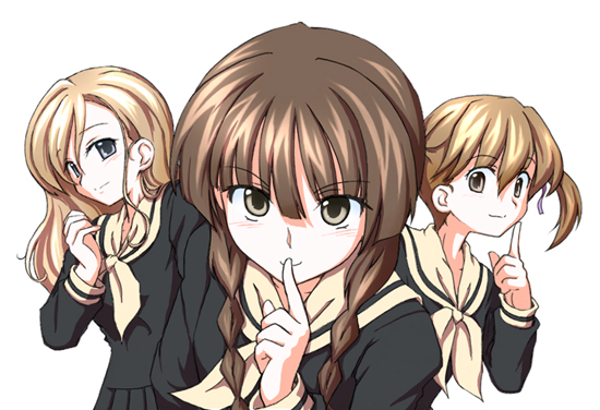 sasaki akira (ugc), fukuzawa yumi, shimazu yoshino, toudou shimako, maria-sama ga miteru, 00s, 3girls, blonde hair, braid, brown hair, finger to mouth, long hair, multiple girls, school uniform, serafuku, short hair, simple background, smile, twin braids, twintails