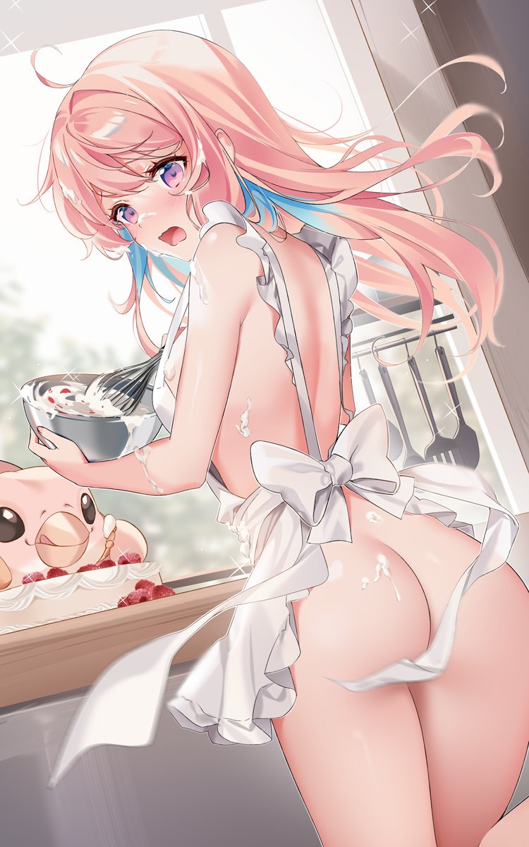 rimuu, original, commentary, english commentary, highres, 1girl, apron, back, blush, bowl, food on ass, from behind, hair between eyes, holding, holding bowl, holding whisk, long hair, looking at viewer, looking back, mixing bowl, naked apron, open mouth, pink hair, purple eyes, solo, whisk