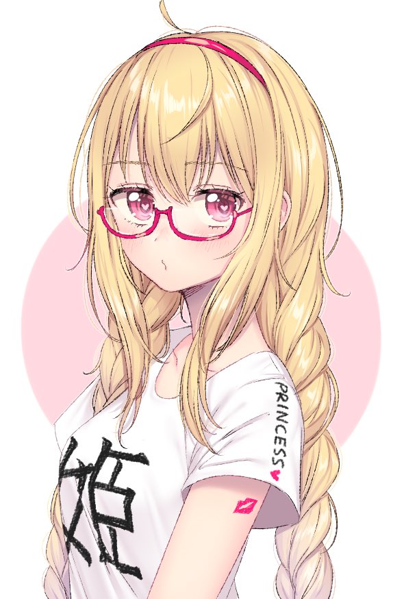 umeno, moroboshi meroko, indie virtual youtuber, commentary request, 1girl, ahoge, blonde hair, blush, braid, breasts, circle, closed mouth, clothes writing, collarbone, from side, glasses, hair over shoulder, hairband, heart, heart in eye, lipstick mark, lipstick mark on arm, long hair, looking at viewer, looking over eyewear, looking to the side, low twin braids, medium breasts, pink background, puckered lips, red-framed eyewear, red eyes, red hairband, semi-rimless eyewear, shirt, short sleeves, sidelocks, sideways glance, simple background, solo, symbol in eye, t-shirt, turning head, twin braids, two-tone background, under-rim eyewear, upper body, virtual youtuber, white background, white shirt