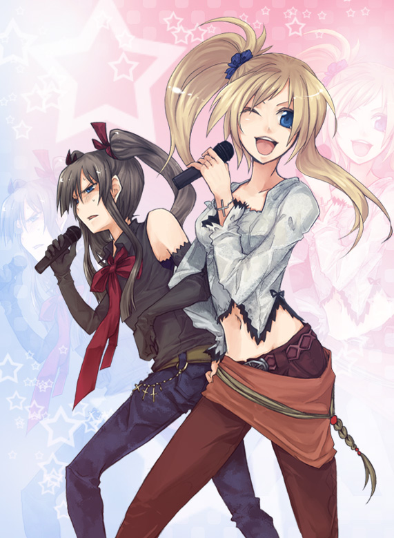 kaida michi, shatiko, original, 2girls, bare shoulders, blonde hair, blue eyes, brown hair, denim, female focus, jeans, multiple girls, navel, pants, ponytail, twintails, zoom layer