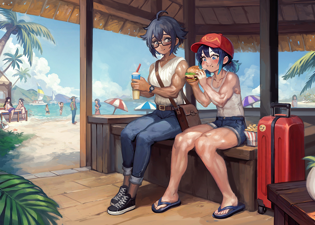 yilx, lemvette (yilx), original, 2girls, bag, baseball cap, beach, beach house, belt, black hair, blue eyes, blue hair, blush stickers, brown bag, burger, dark skin, denim, denim shorts, eating, food, french fries, glasses, grey eyes, handbag, hat, jeans, multiple girls, muscular, muscular female, palm tree, pants, sandals, scenery, shirt, shoes, short hair, shorts, sitting, smoothie, t-shirt, tree, yolette (yilx)